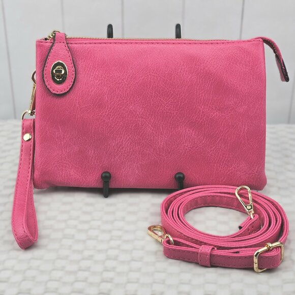 Crossbody Pink Cherry Vegan Leather Leopard Print Lining Purse Clutch Wristlet - Picture 1 of 9